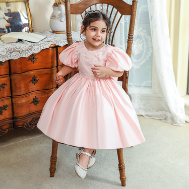 Baby clothes Big bow baby girl birthday party Evening dress Children's puffy sleeve full moon dress_voghion.com