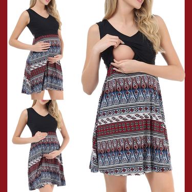 Pinyin black printed V-neck sleeveless breastfeeding maternity dress_voghion.com