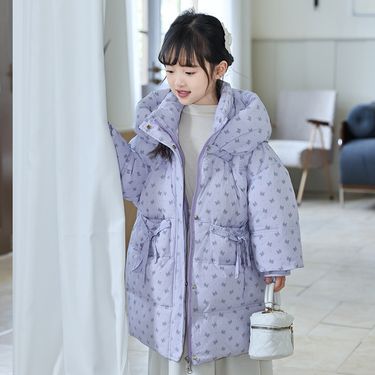 Girls' Long Puffer Coat With Floral Print – 90% White Duck Down Filled Winter Jacket For Teens (110-150cm) – Lavender/Yellow/Pink/Mint Green_voghion.com