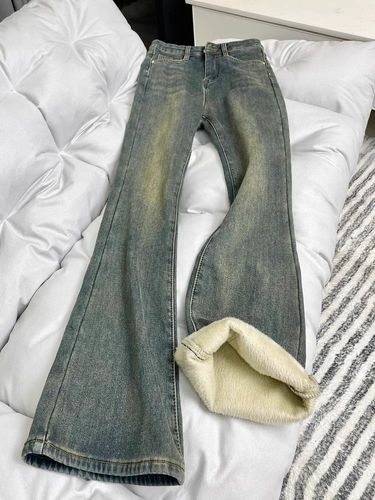 Velvet thickened blue straight leg elongated jeans for women in winter plus size, high waisted crotch covering, elastic_voghion.com
