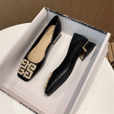 Pearl Single Shoes Women's 2023 Summer New Evening Wind Shallow Mouth thick heel low top soft sole women's shoes genuine leather all-match_voghion.com