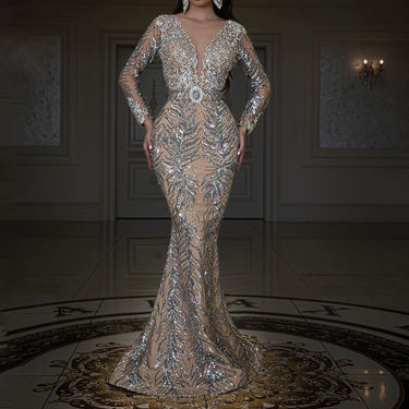 Women's Clothing gold-stamped long-sleeved slim sexy fishtail floor-length evening dress_voghion.com