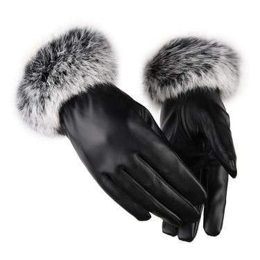 Women's warm gloves autumn and winter PU leather rabbit fur touch screen outdoor cycling plus velvet thickened winter gloves_voghion.com
