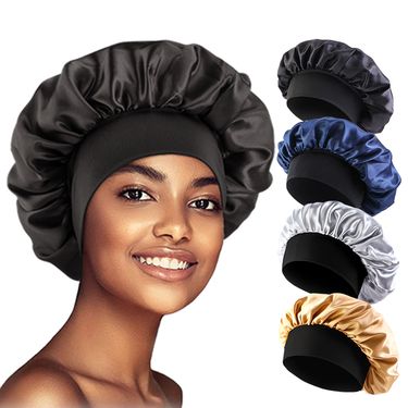 Women's Satin Solid Bonnets Wide-brimmed Night Sleeping Bathing Hat Unisex Head Wrap Elastic Band Cap Hair Care Bonnet_voghion.com