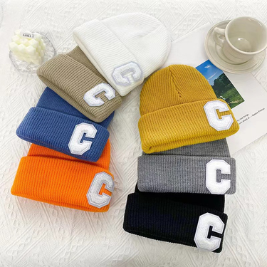 Men's and women's hats big C letter woolen hat women's autumn and winter warm all-match pink knitted hat solid color cold hat_voghion.com
