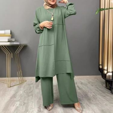 Women's Clothing Sportswear Elegant Puff Sleeve Round Neck Shirt Loose Fashion Wide Leg Pants Suit_voghion.com