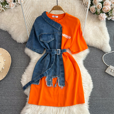 waist Waisted Round Neck Color Block Denim Shirt Chic Casual Mid-length_voghion.com