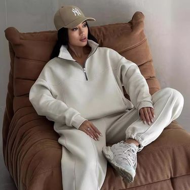 cross border European and American style new casual fashion stitching thickened long sleeved sweatshirt and trousers suit_voghion.com