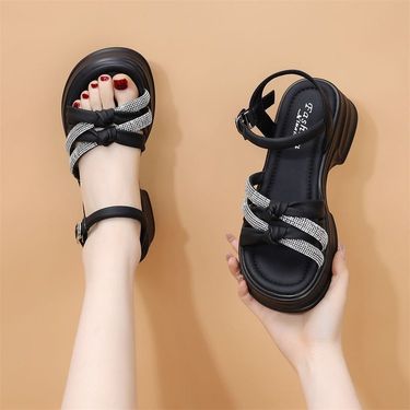 thick-soled Medium-heeled Rhinestone Sandals Women's Small Light And Fashionable Skirt Seaside Beach Shoes_voghion.com