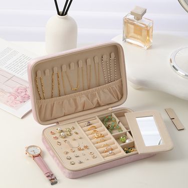 Velvet Jewelry Organizer Box With Mirror - Multi-Layer Storage Case For Rings, Necklaces, Earrings & Watches (Elegant, Pink, Gift Ready)_voghion.com
