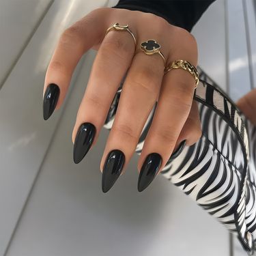 Pure Color Almond Shaped Black Wearable Nail Patches Removable False Nails_voghion.com