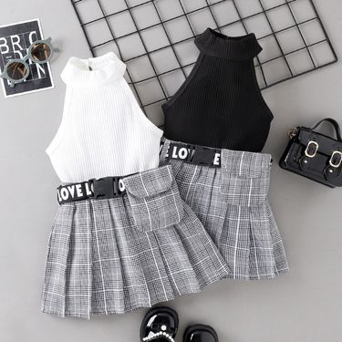 Baby clothes Spring and summer elementary and middle school girls sleeveless letter pit top pleated plaid skirt Fanny pack_voghion.com