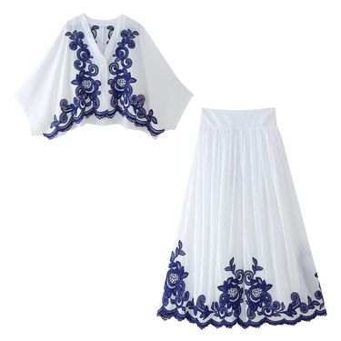 Women's ClothingFashion Contrast Embroidered Shirt + Skirt Set Women_voghion.com