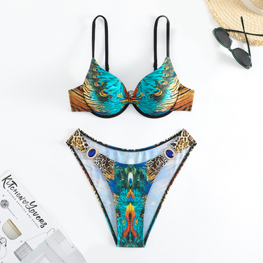 2024 New Printed Steel Bracelet Open Back Split Triangle Beach Bikini Swimsuit_voghion.com