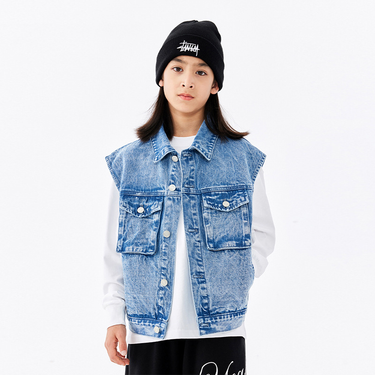 mother & kids spring high street hip-hop girls and boys denim vests for middle and large children's versatile waistcoat jackets trendy_voghion.com