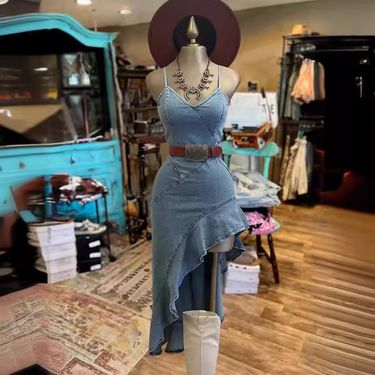 Women's suspender waist high elastic slim fit slit oblique ruffle denim dress_viptrois.com