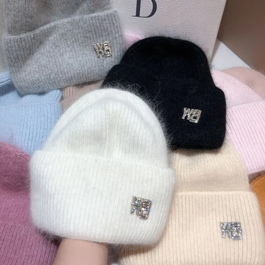 21 Colors Real Rabbit Fur Beanies Hat for Woman Rhinestones Letter Knit Bonnet Lady Autumn Winter Warm Skullies_voghion.com