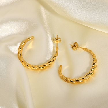 Ins Net Red Wind Women's Fried Dough Twists Horn Gold Plated Stainless Steel Colorless Ring Earrings_voghion.com