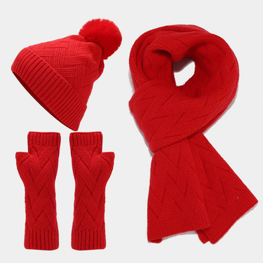 New autumn and winter outdoor warm hat, glove, scarf, three piece set, solid color knitted hat set_voghion.com