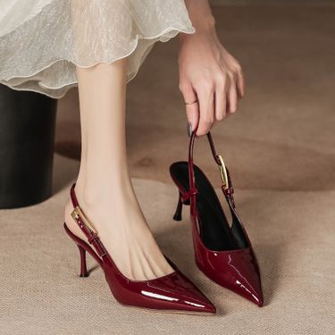 High Heels For Women 2025 New Metal Stiletto Pointed One Strap Sexy Red Patent Leather Closed Toe Sandals_voghion.com