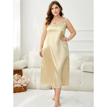 Plus Size Satin Nightgown For Women - Summer V-Neck Camisole Sleep Dress With Adjustable Straps & Cooling Polyester Fabric (1XL-4XL, Golden/Green)_voghion.com