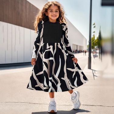Kids Clothing Floral Print Geometric Pattern Decoration Long Sleeved Stand Up Collar Puff Sleeve Simple Dress_voghion.com