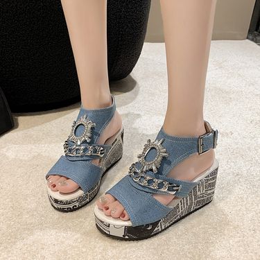 Women's large size temperament denim round head high heel sandals new style fashionable and comfortable wedge heel rhinestone sandals for women_voghion.com