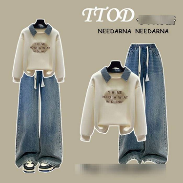 Preppy Style Polo Collar Sweatshirt & Stretch Jeans Set – Trendy Two-Piece Outfit For Girls_voghion.com