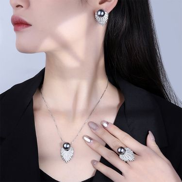 3 Pieces Luxury Grey Pearl Bridal Jewelry Sets For Women Fashion Diamond Earrings Necklace Ring Wedding Sterling Silver Accessories_viptrois.com