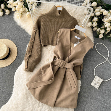 Women's Clothing Autumn and winter gentle outfit for women 2024 new fashion temperament short sweater vest suit skirt two piece suit_voghion.com