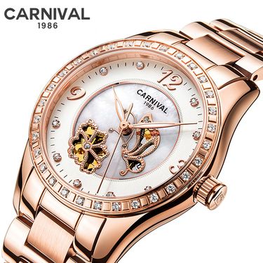 Carnival Brand Fashion Mechanical Watch For Women Luxury Stainless Steel Rose Gold Bracelet Skeleton Womens Watches Reloj Mujer_voghion.com