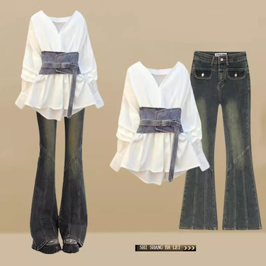 Women’s Clothing Autumn and winter temperament light luxury suit new style slightly fat and slim waist shirt versatile jeans three piece suit_voghion.com