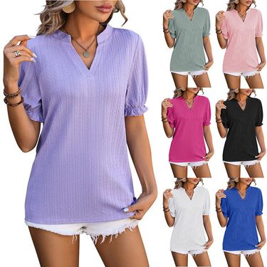 2024 Summer New Women's Clothing Solid Color Wheat Spike T-Shirt V-Neck Short Sleeve Top For Women_voghion.com
