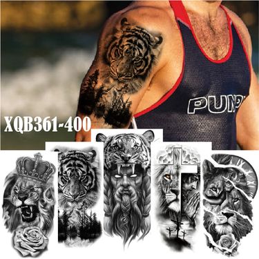 Set Of Animal Tattoo Tiger Lion Wolf Head Domineering Half Arm Large Image Water Transfer Stickers_voghion.com