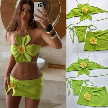 2025 New Sexy Three-piece Swimsuit Women's Vacation Three-dimensional Flower Suspender Bikini Beach Swimsuit_voghion.com