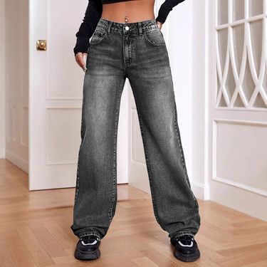 Women’s Clothing Hottie Black Jeans High Street Distressed Loose Straight Pants Slim All Match Mopping Trousers_ecoleips.com