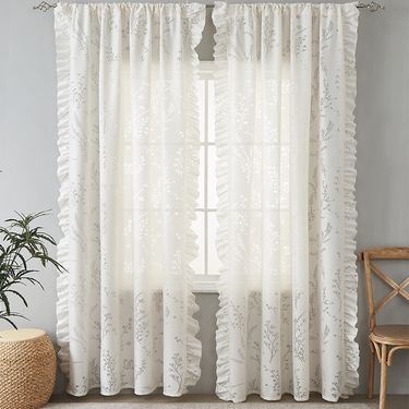 Beige Reed Lace Sheer Curtain - American Style Semi-Curtain For Kitchen Door, Cotton Linen Blend With Rod Pocket_voghion.com