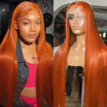 Orange Ginger Lace Front Human Hair Wig Straight 13x4 Pre Plucked Highlight Colored Women_voghion.com