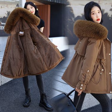 Women’s Slim-Fit Parka Coat With Raccoon Fur Trim – Winter Fleece-Lined Jacket,Utility Pockets (M-XXXL, Khaki/Black/Cream/Coffee/Sky Blue)_ecoleips.com