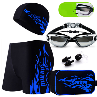 Two-Piece Suits New Men's Fashion Swimming Trunks Boxer Hot Spring Large Size Plus Size Swimming Trunks Men's Swimming Goggles Set Five Piece Set_voghion.com