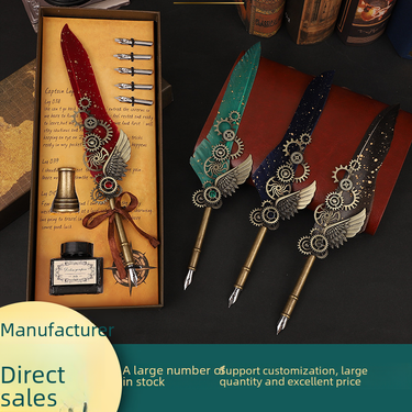 Sprinkling Gold Quill Pen Set Mechanical Quill Pen Set Gear Quill Pen Punk Style Dip Pen European Style Quill Pen_voghion.com