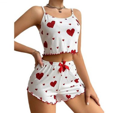 Women's Intimates Home Clothes Love Print Suspender Shorts Casual Wearable Women's Pajamas Set_voghion.com