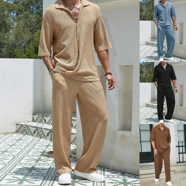 2025 New Spring Summer Men's Retro Casual Suit Collar Solid Color Half-sleeved Shirt Loose Drawstring Pants Two-piece Beach Suit_voghion.com