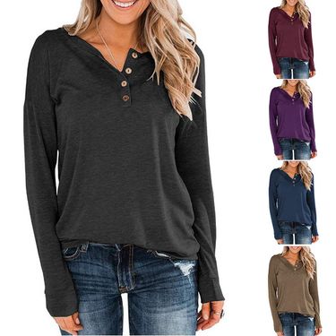 2025 New Women's Solid Color Knitted Long Sleeve Round Neck Pullover Button Top T-Shirt_voghion.com