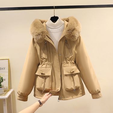 Women's Clothing Horn button parka women's autumn and winter new slim down cotton jacket fashionable plus velvet thick fur coat_viptrois.com