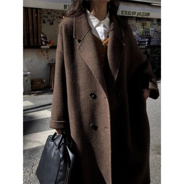 Women's Clothing Brown High grade Double faced Wool New Coat Korean Style Thickened Autumn and Winter Coat Mid length_voghion.com