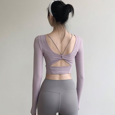 001 Yoga Shirt With Chest Pads Long Sleeve T-Shirt Sexy Back Tight Fitness Running Sports Hollow Out Crop Top Factory_voghion.com