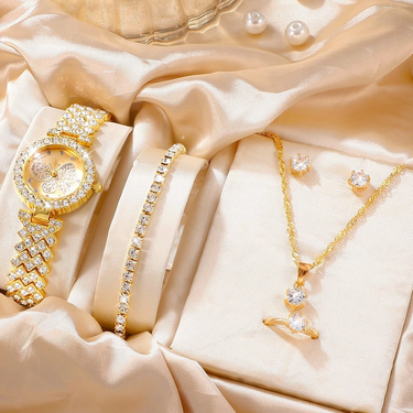 5 Pcs Set Niche Rhinestone Butterfly Steel Belt Watch Earrings Necklace Bracelet Ring Set_voghion.com
