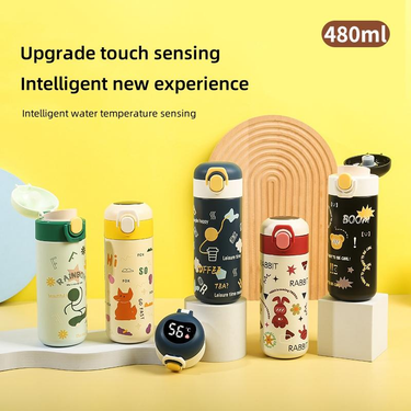 316 Stainless Steel Creative Children Cartoon Pea Cup, Student Portable Water Bottle, Cold And Heat Preservation Intelligent Temperature Display Cover_voghion.com