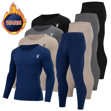 Overseas Size Autumn Winter Men's Solid Color Crew Neck Thermal Underwear Set Loose Fit Youth Base Layer_voghion.com